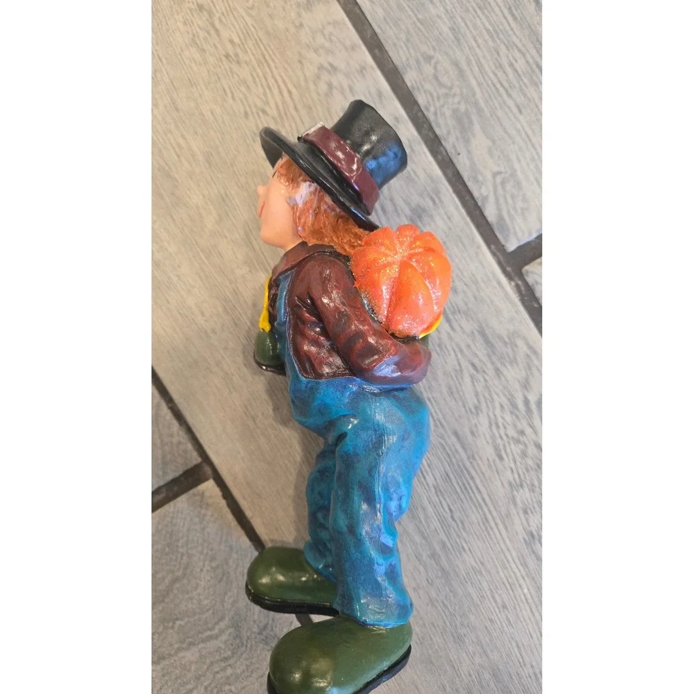 Fall Harvest Boy Figurine with Pumpkin Resin Autumn Thanksgiving Decor 7 Inch